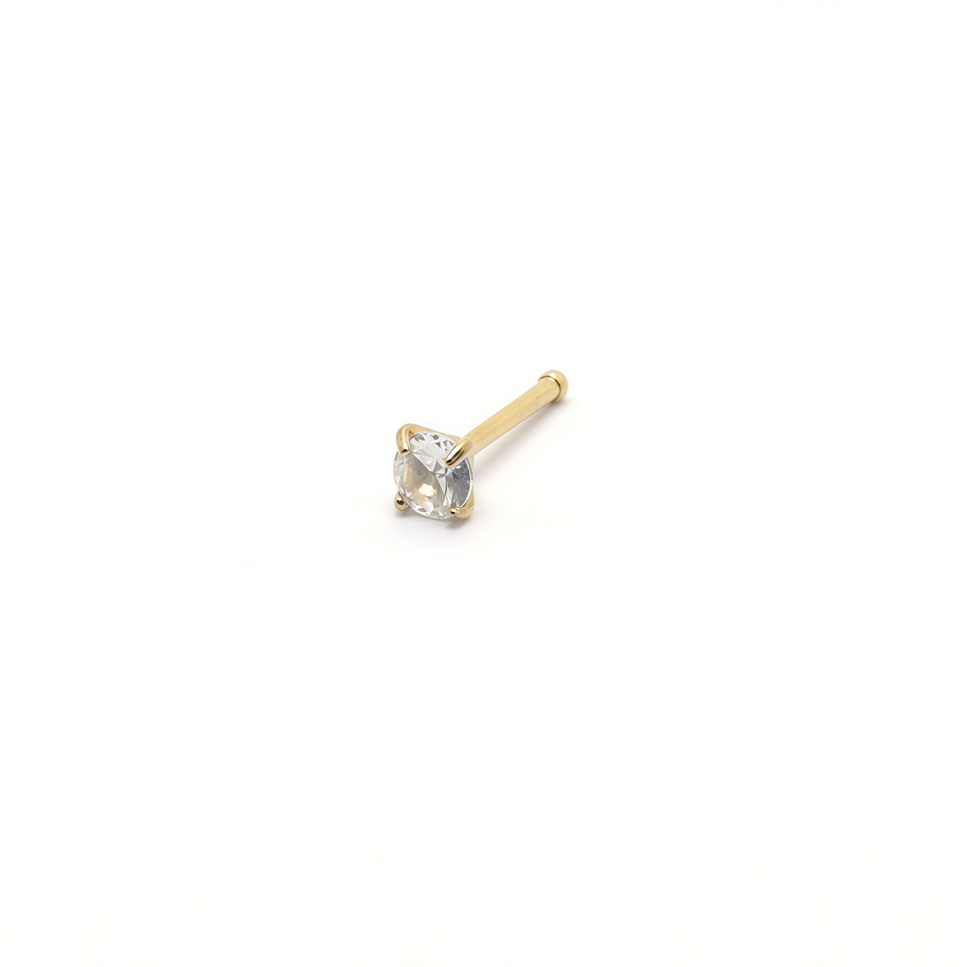 Gold plated straight-bar nose stud with a round clear crystal, 3mm