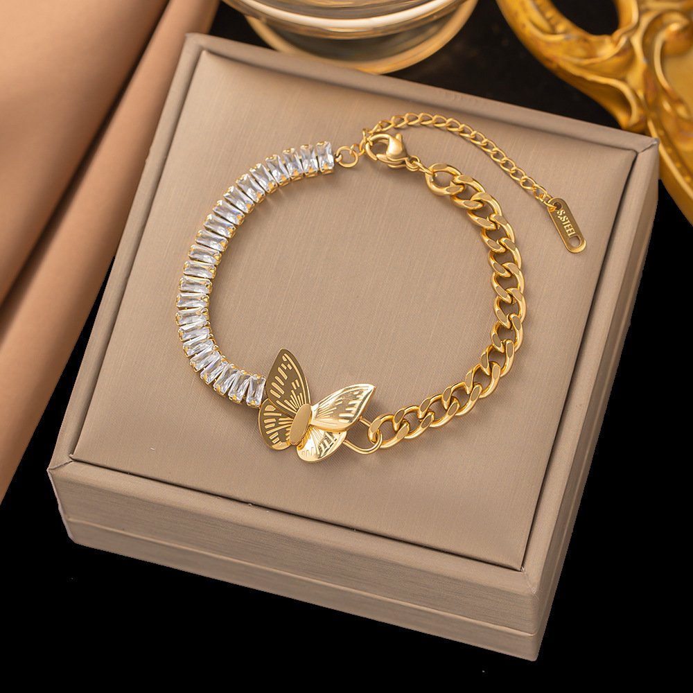 Gold Plate Beautiful Butterfly Crystal Studded Bracelet