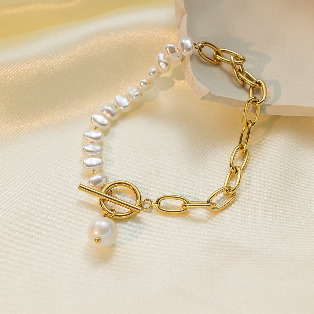 Pearls and Long Chain Gold Plated Bracelet
