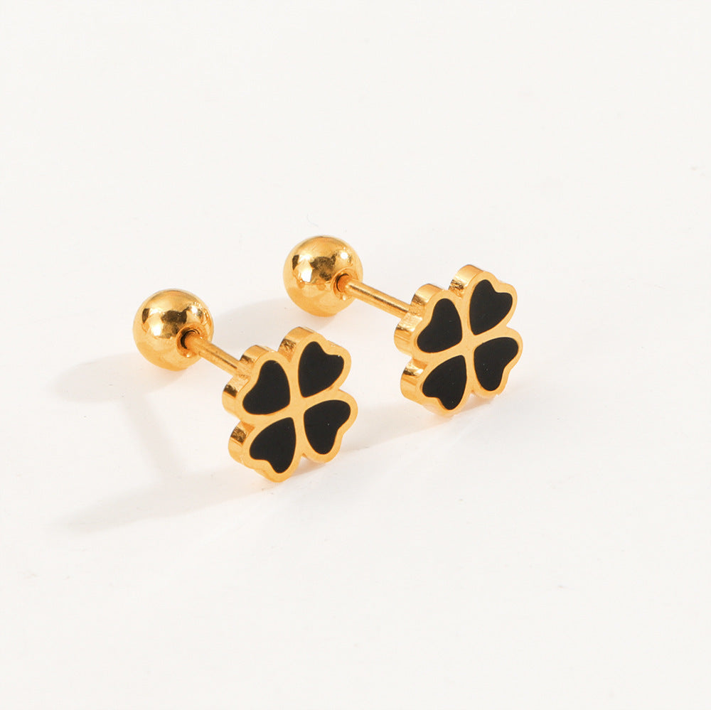 Gold Plated Four-Leaf Clover Stud Earrings with Black Enamel