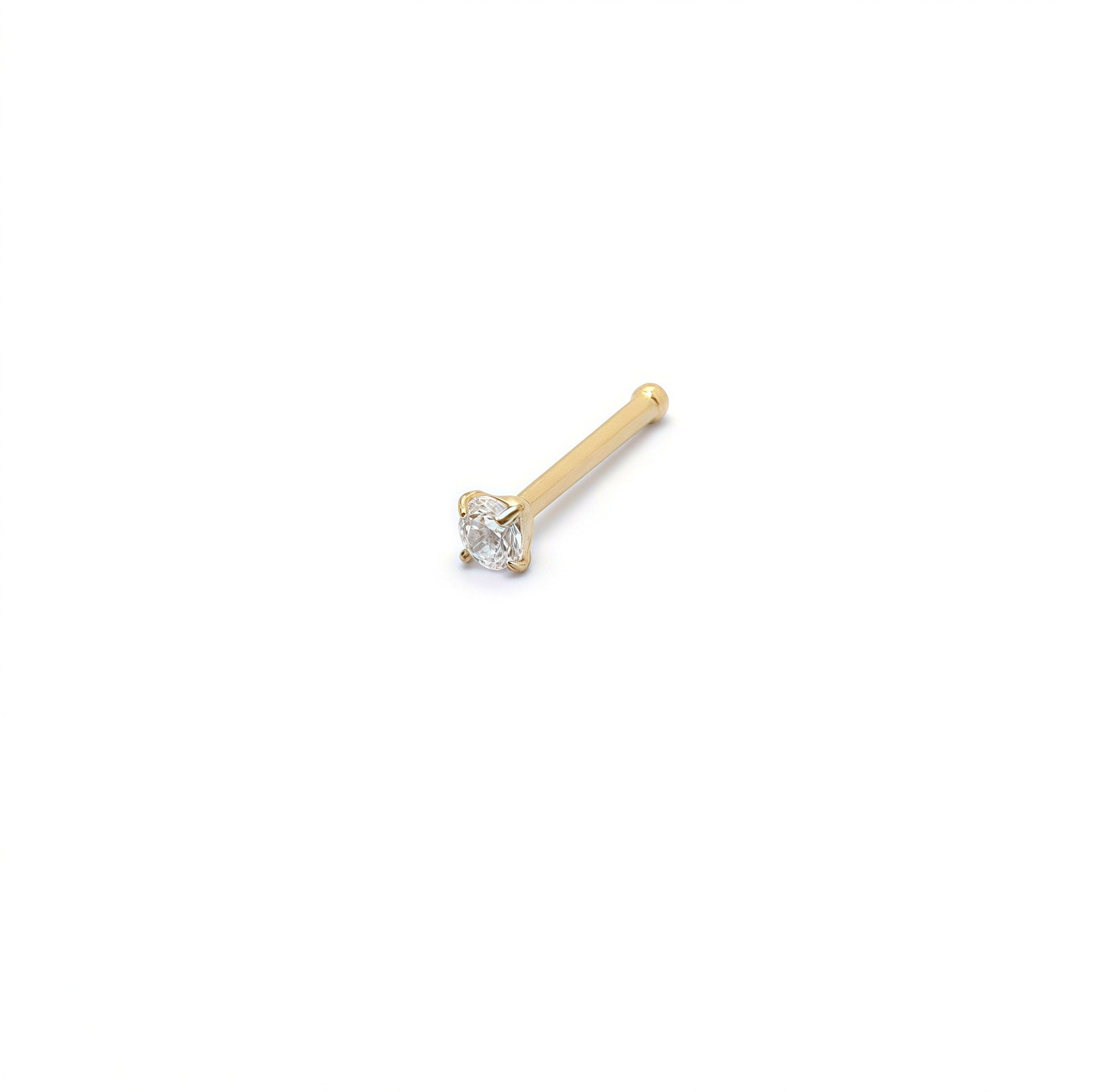 Gold plated straight-bar nose stud with a round clear crystal, 2mm