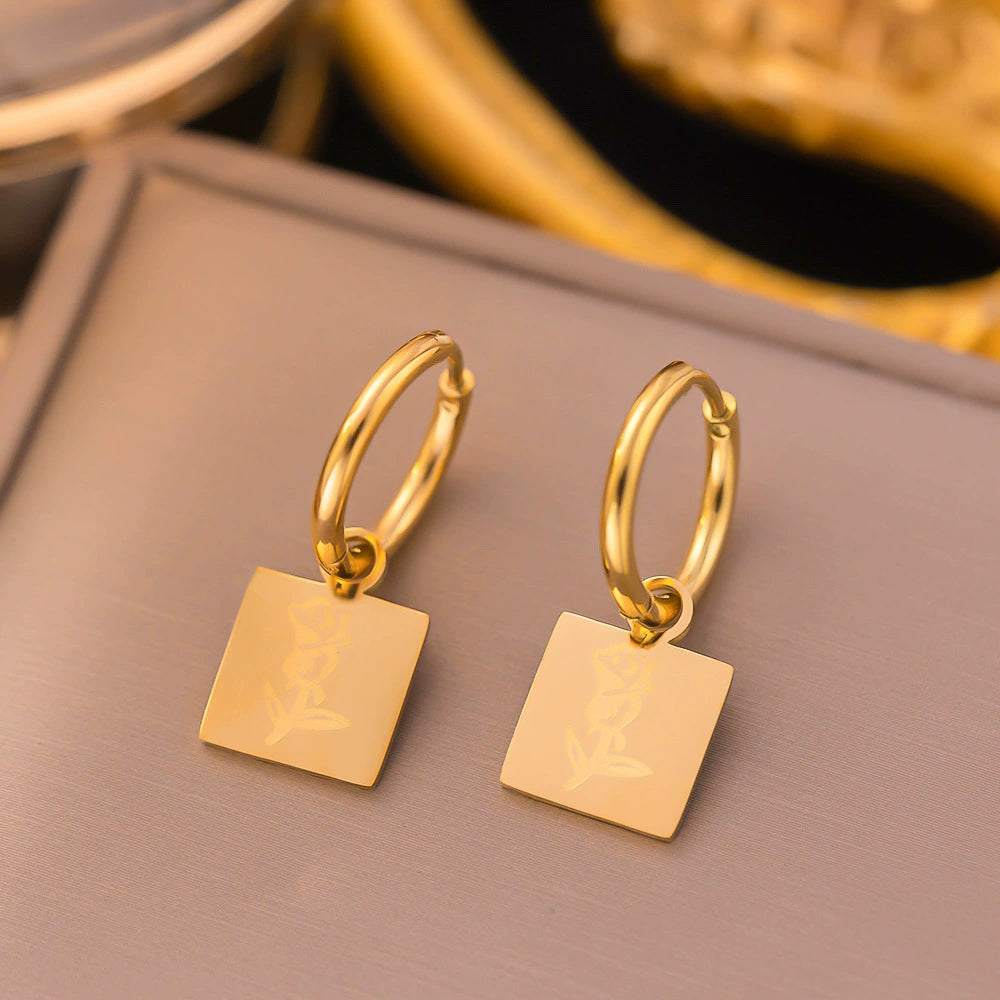 Gold Plated Square Charm Hoop Earrings