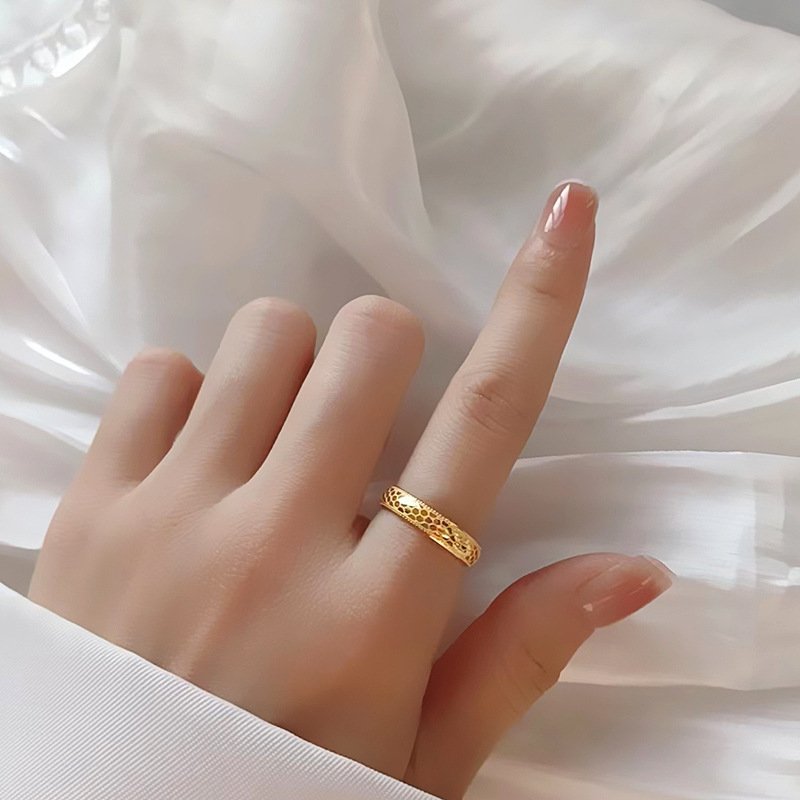 Minimal Honey Comb Ingraved Pattern Gold Plated Ring (Size 7) (1.7cm)