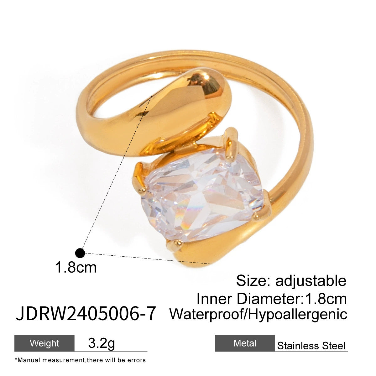 Elegant Gold Plated Ring with Large Crystal