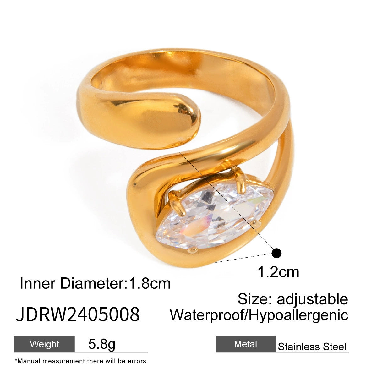 Adjustable Gold Plated Ring with Marquise-Cut Crystal