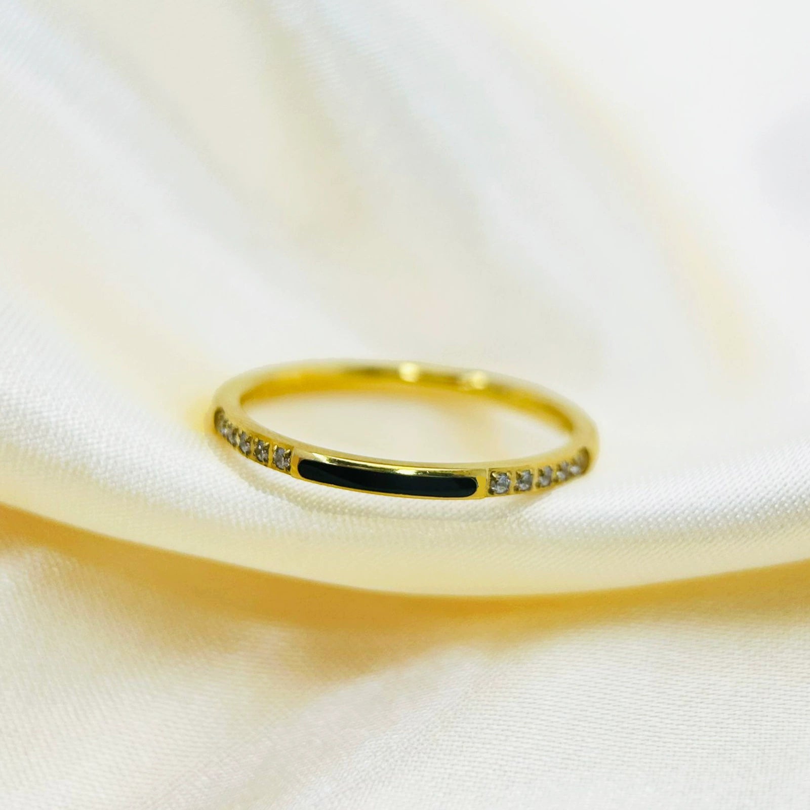 Black Enamel Crystal Slim Band Ring