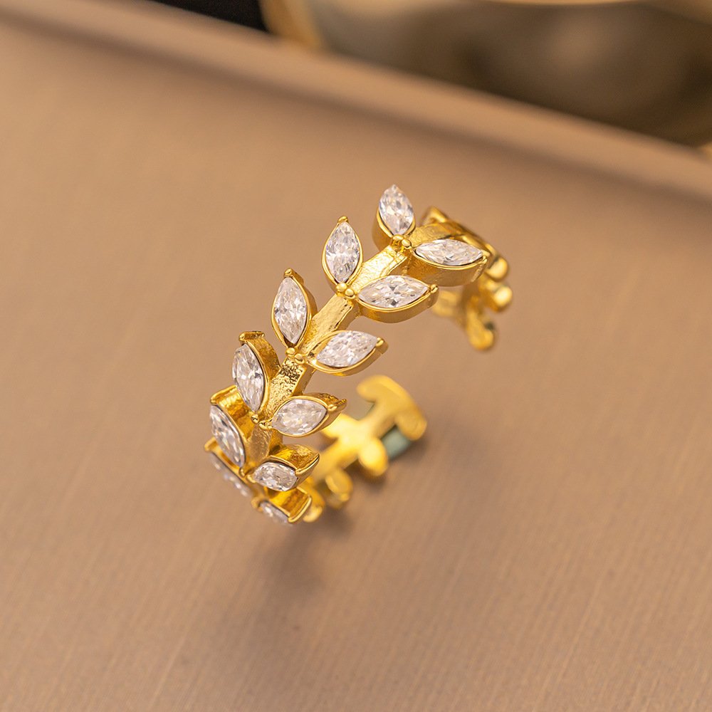 Crystal-Studded Gold Plated Leaf Ring