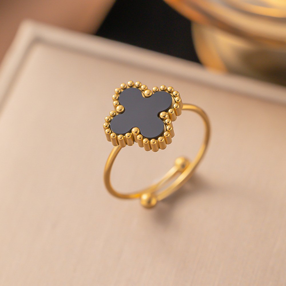 Gold-Plated Adjustable Clover Ring - Black