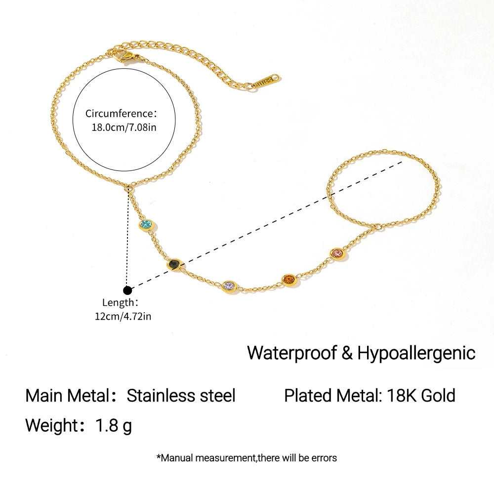 18K Gold Plated Multicolor Crystal Hand Chain Bracelet Ring