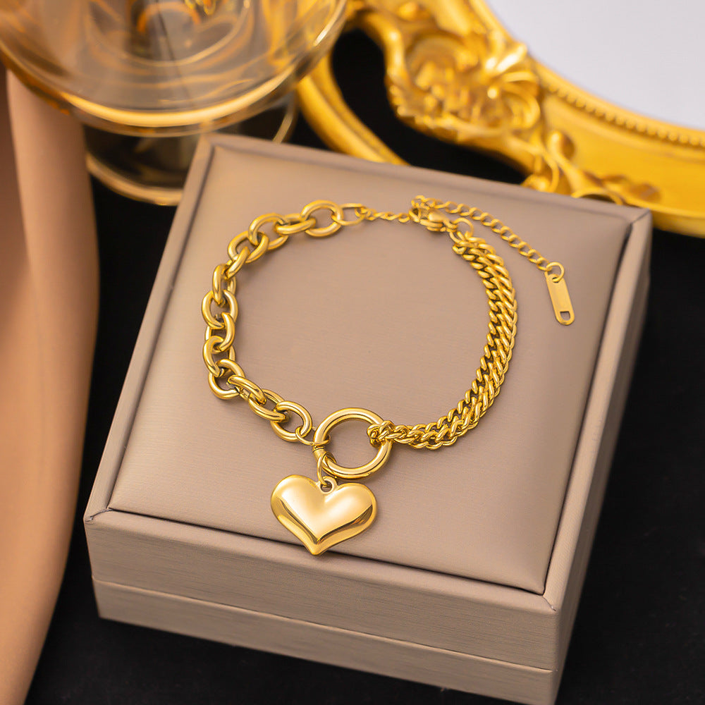 18K Gold Plated Puff Heart Mixed-Link Bracelet