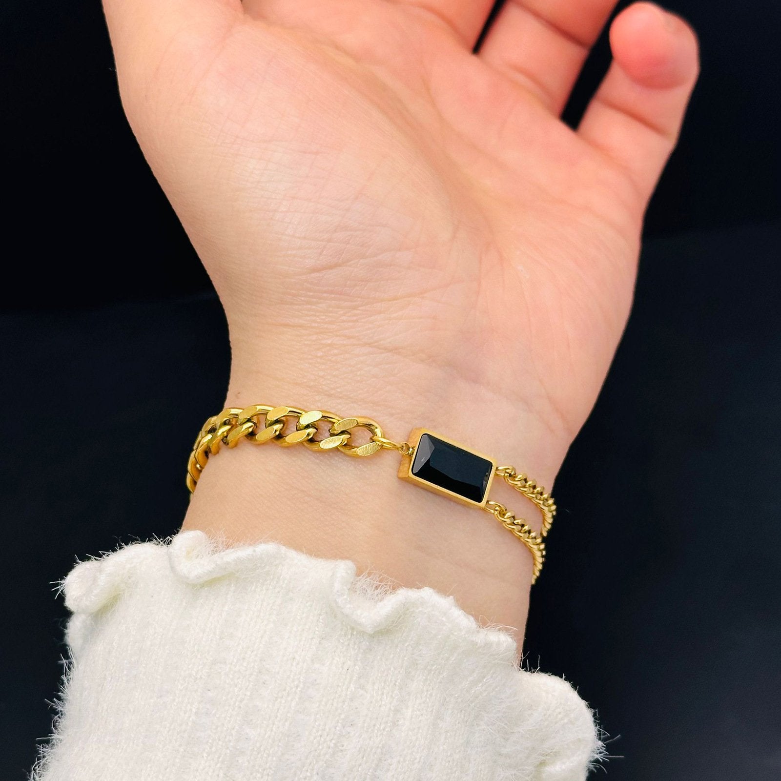 Black Stone Gold Plated Mutli Chained Bracelet