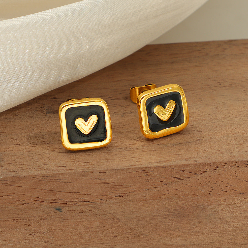 Gold Plated Square Heart Design Stud Earrings