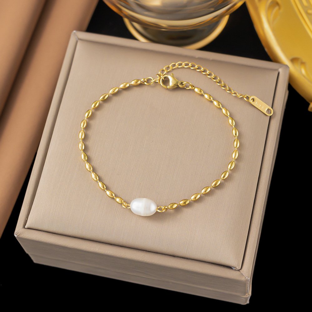 Pearl Studded Fancy Chained Gold Plated Bracelet