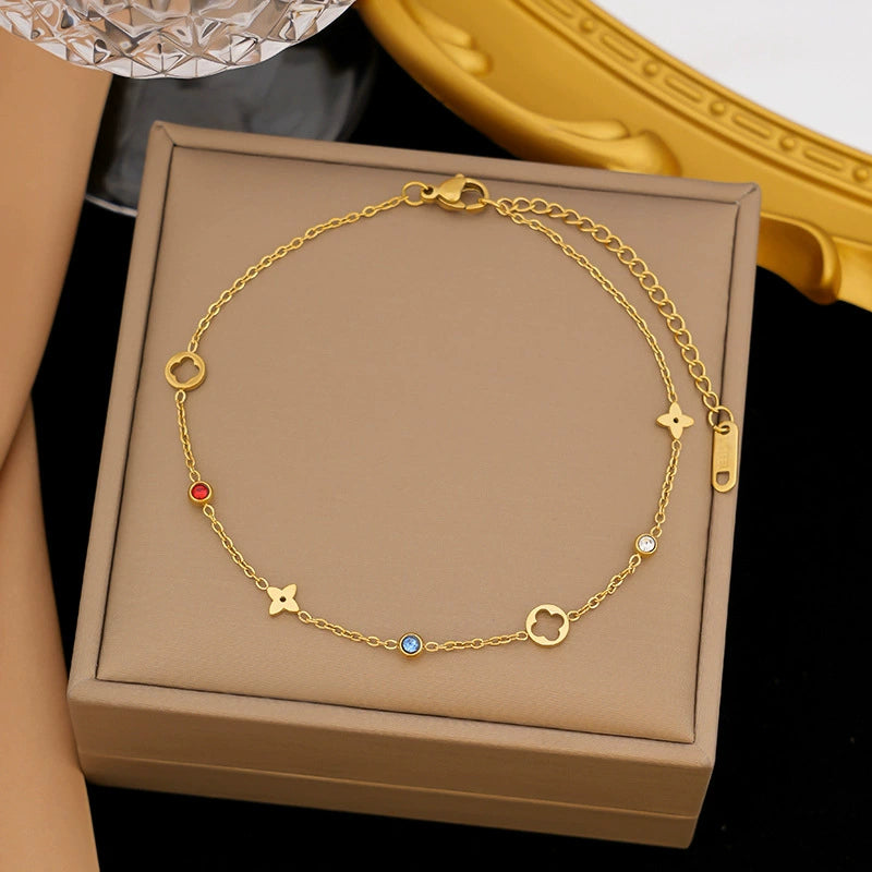 Gold Plated Colorful Crystal & Clover Charm Anklet