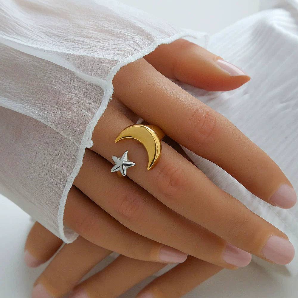 Moon & Star Open Ring – Two-Tone Adjustable