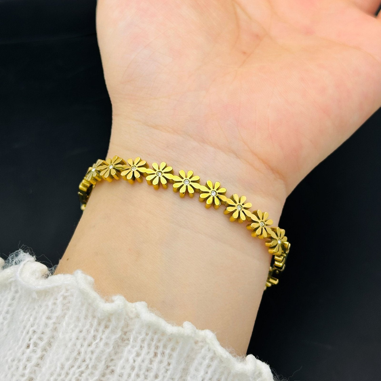 Gold Plated Daisy Flower Bangle with Cubic Zirconia