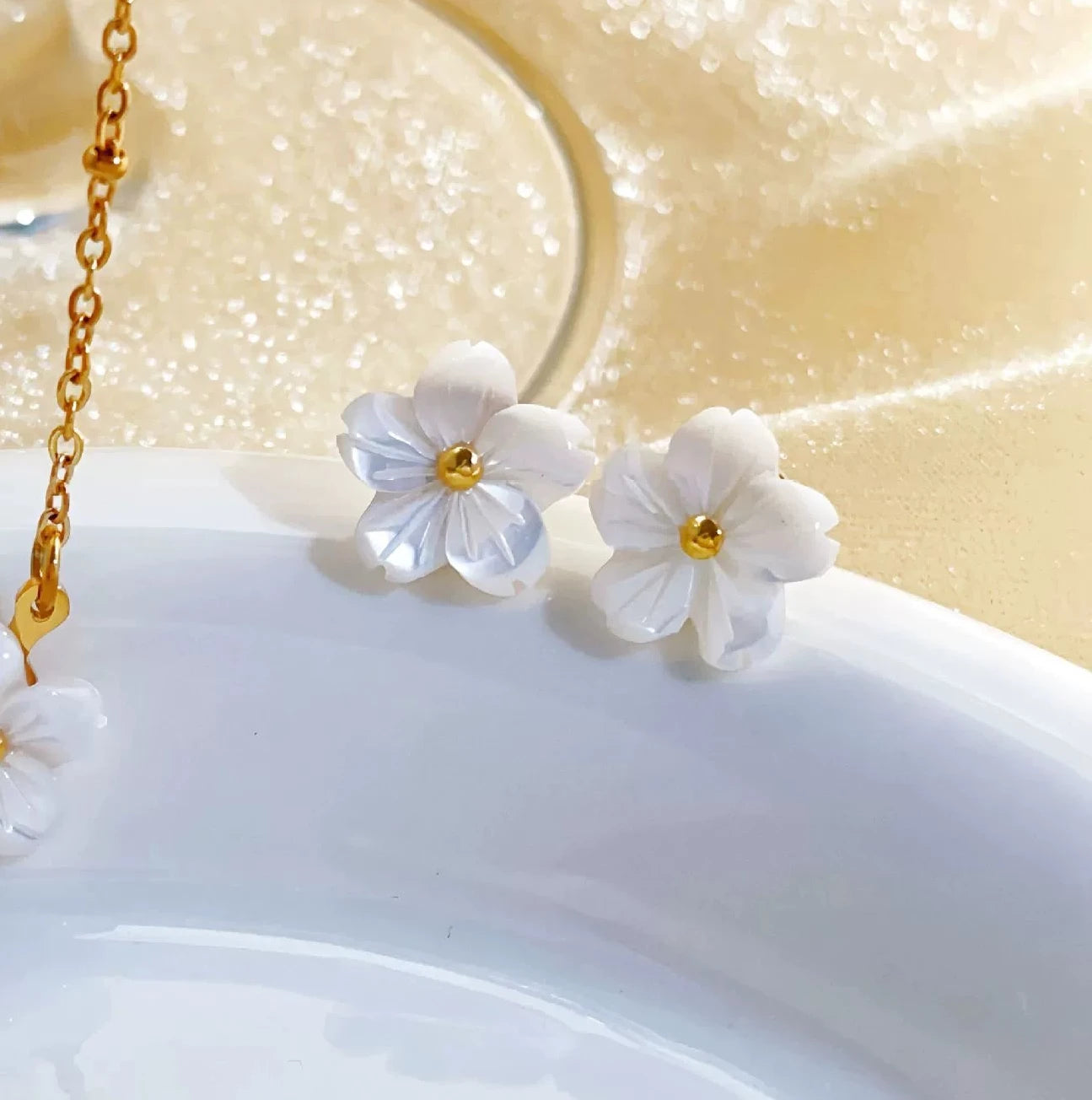 White Blossom Dainty Chain Earrings