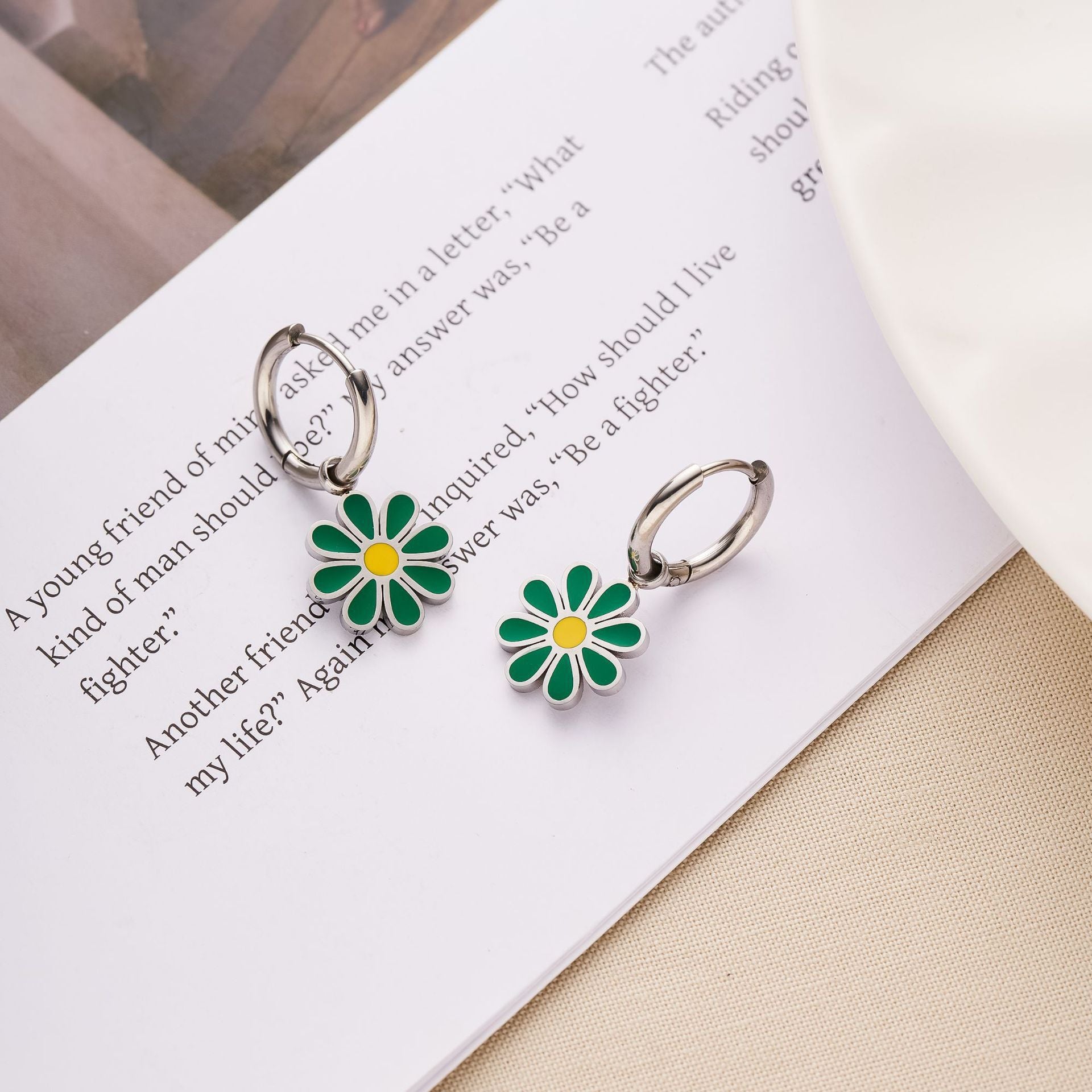 Green Daisy Enamel Huggie Earrings | CLARA