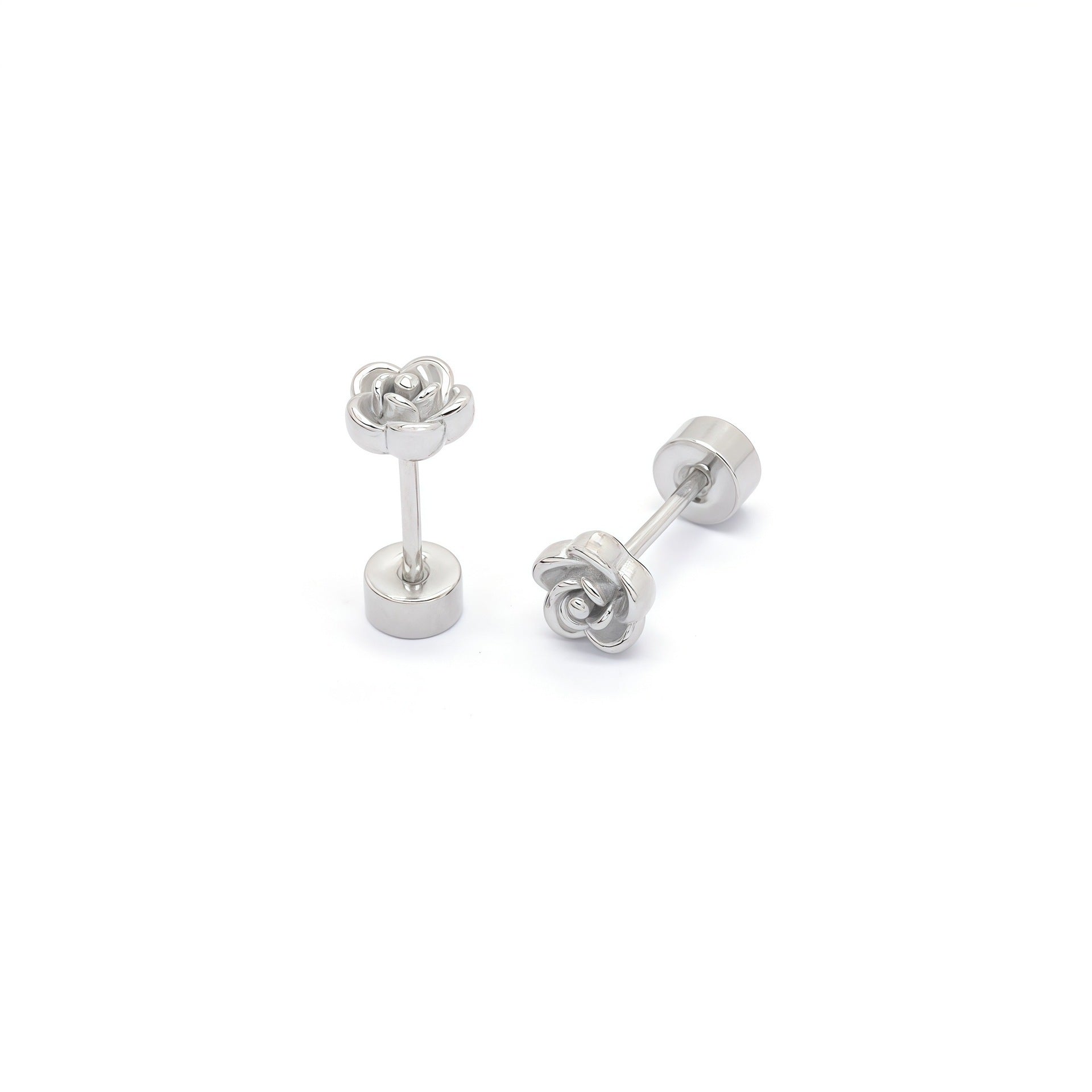 Stainless steel flat-back stud earring with a sculpted rose flower design