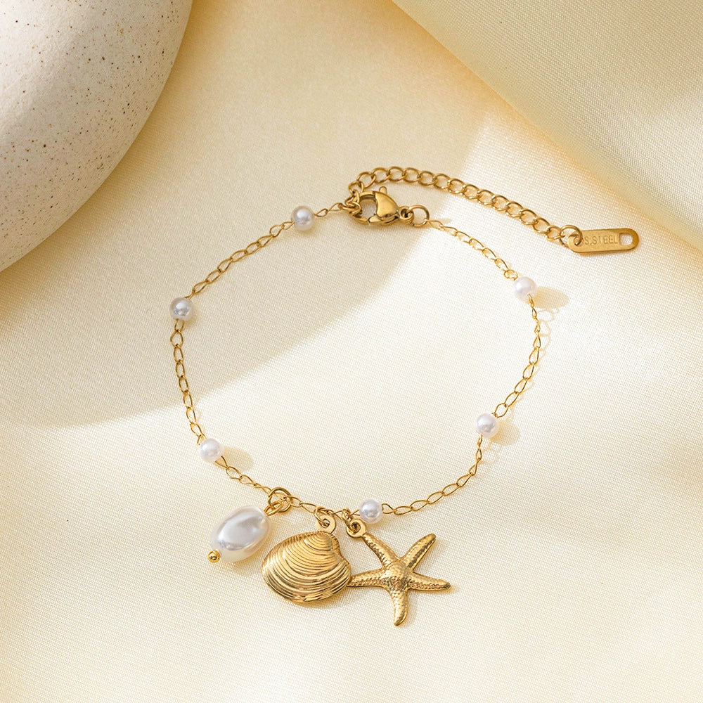 Gold Plated Seashell & Starfish Charm Anklet