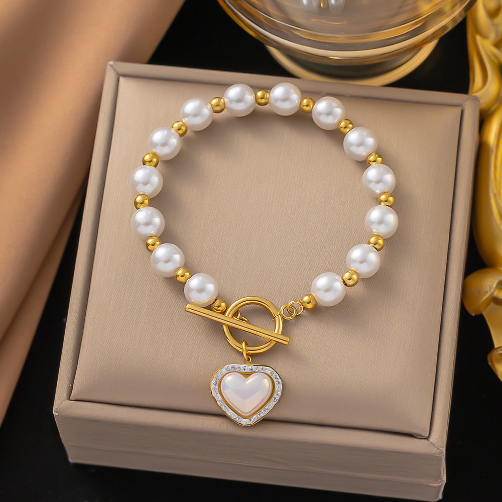 Pearl Beads Heart Charmed Gold Plated Bracelet