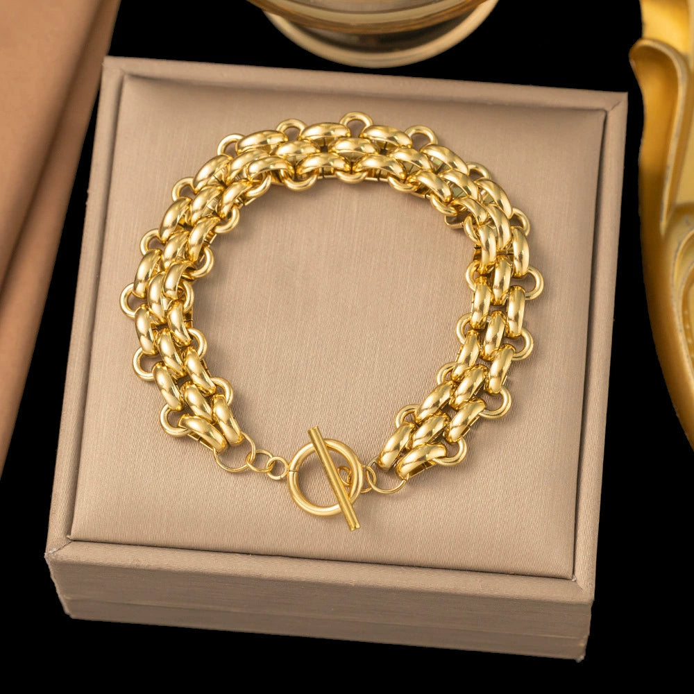 Gold Plated Chunky Woven Chain Toggle Bracelet