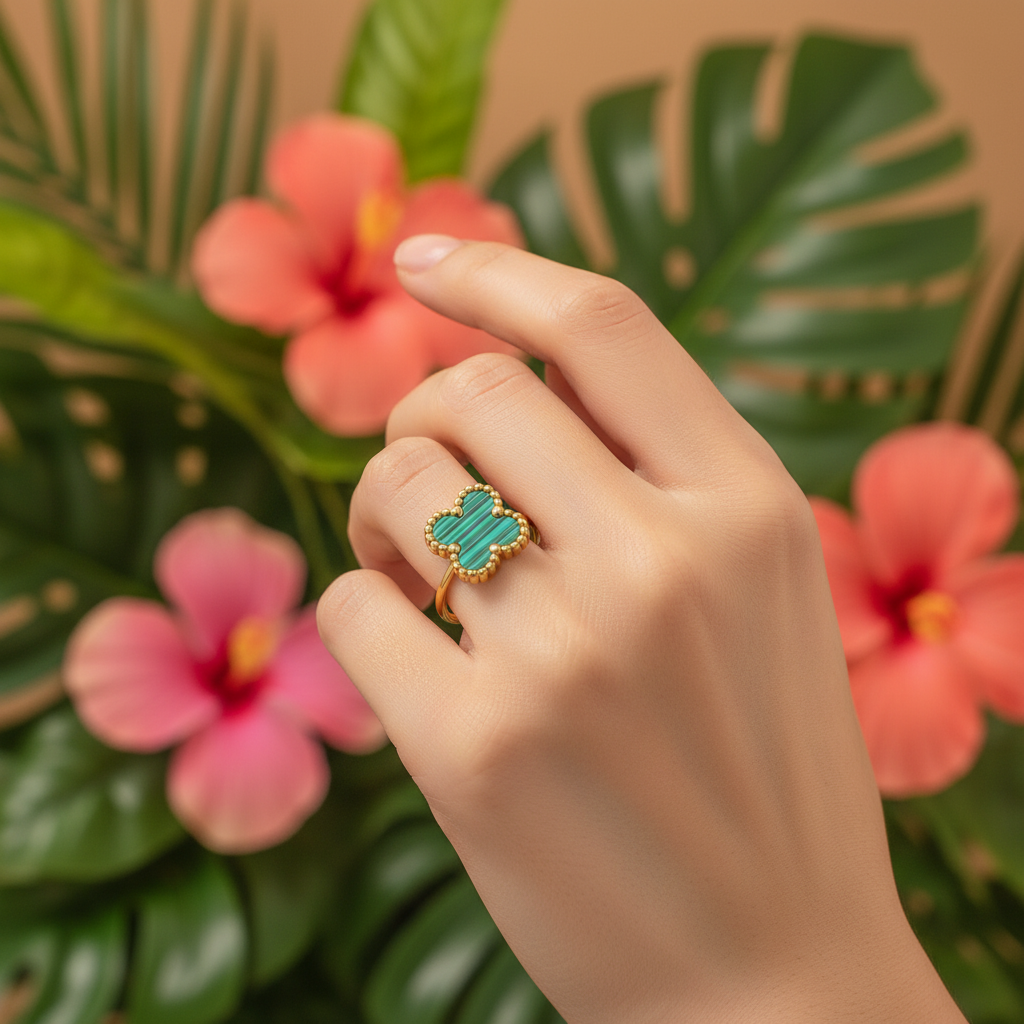 Gold-Plated Adjustable Clover Ring - Green