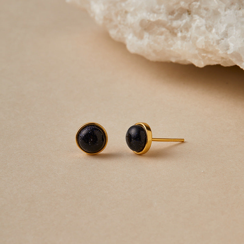 18K Gold Plated Black Cabochon Stud Earrings
