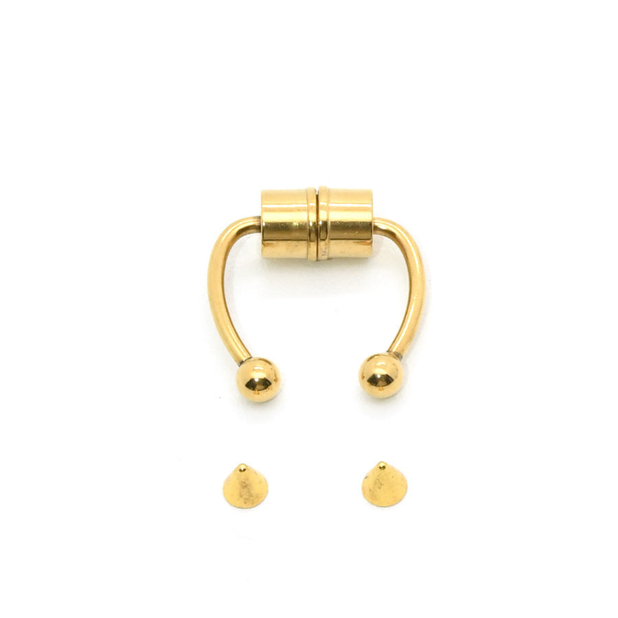 Gold plated magnetic horseshoe septum nose ring with interchangeable ball and spike ends, no piercing needed