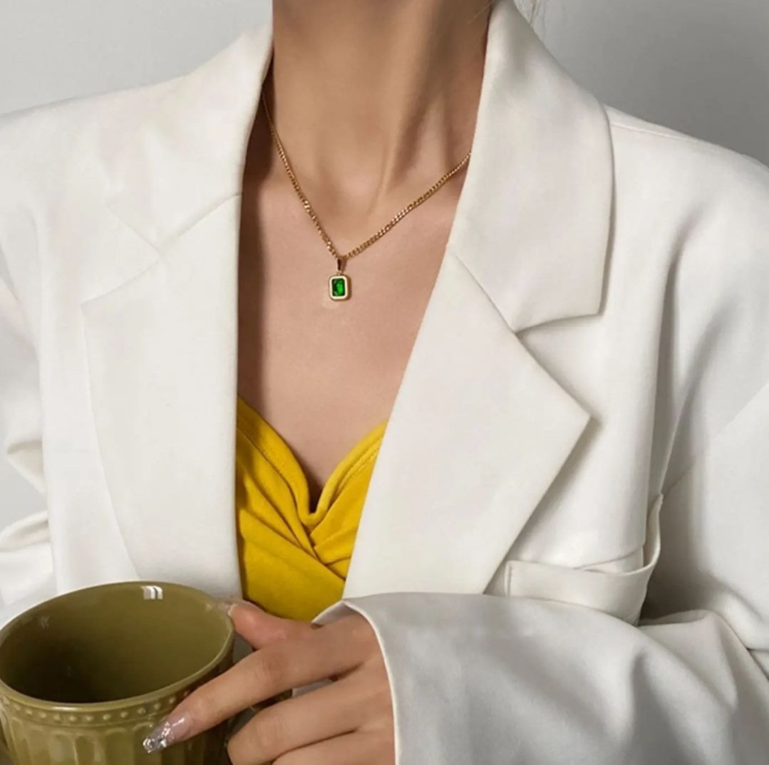 Waterproof Green Crystal Minimal Necklace