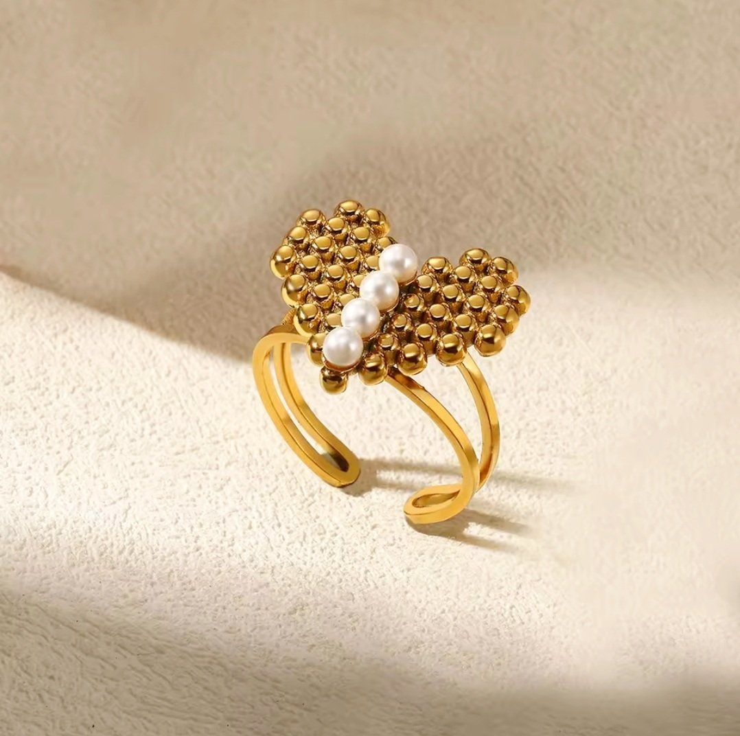 18k Gold Plated Beaded Heart Ring with Pearls