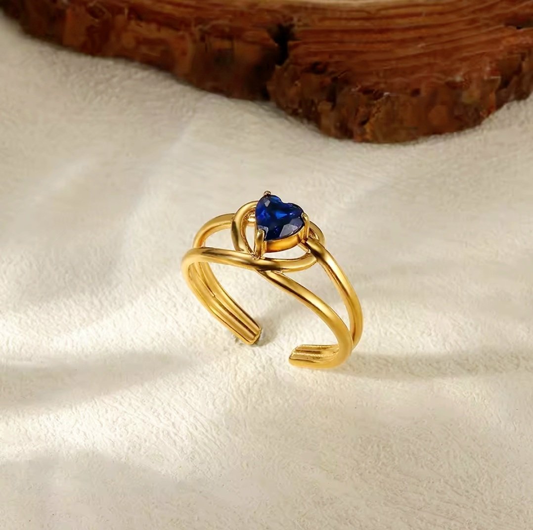 Adjustable Gold-Plated Heart Ring with Blue Crystal Accent