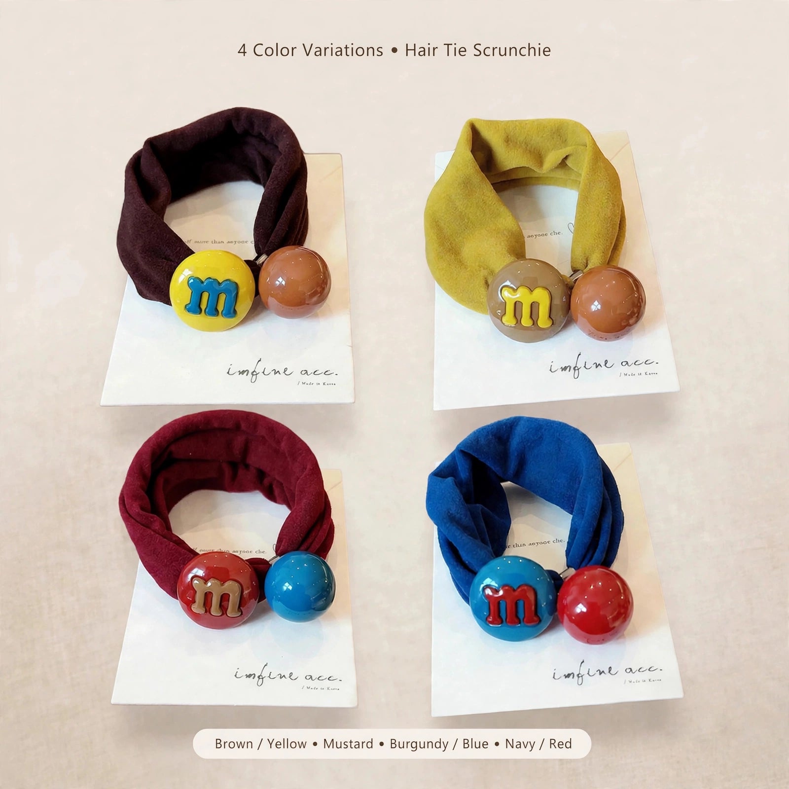 M&M candy bean hair ties in all four colors - yellow, coffee, wine red and blue