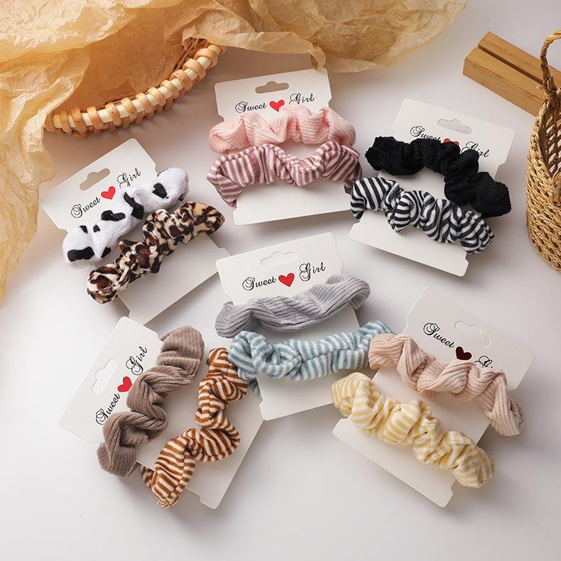 French Striped Coral Velvet Combination Hair Band Scrunchies