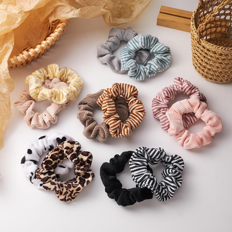 French Striped Coral Velvet Combination Hair Band Scrunchies