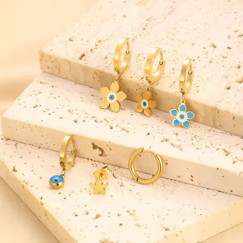 Set of 6 Assorted Gold Plated Earrings with Evil Eye Charms