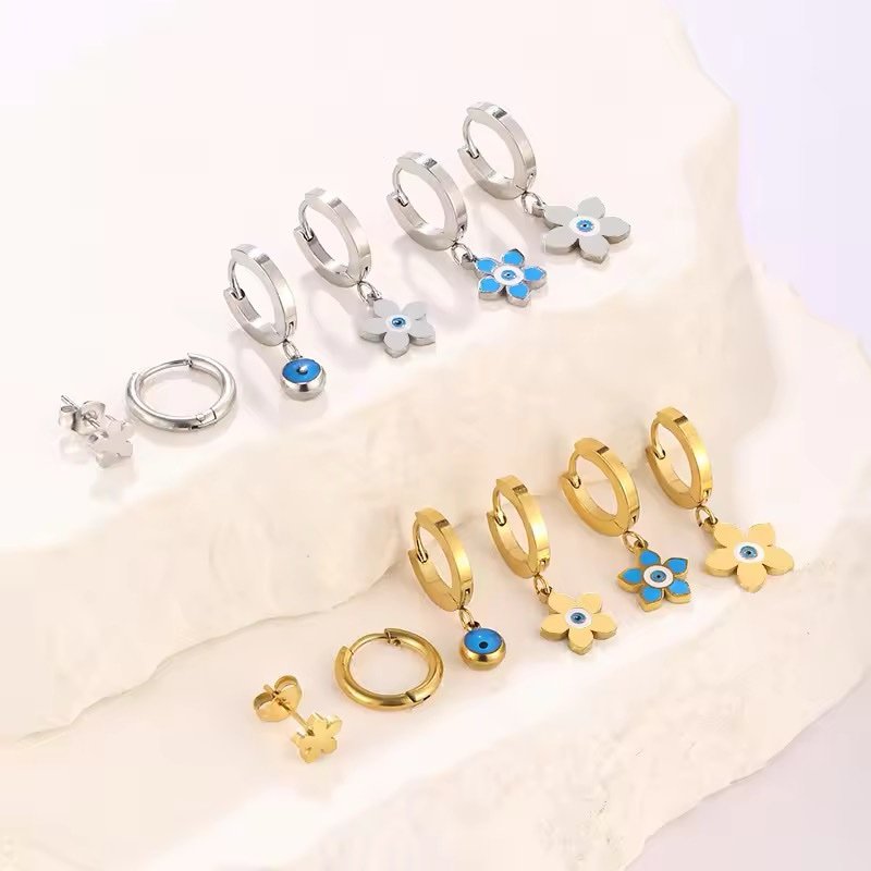 Set of 6 Assorted Gold Plated Earrings with Evil Eye Charms