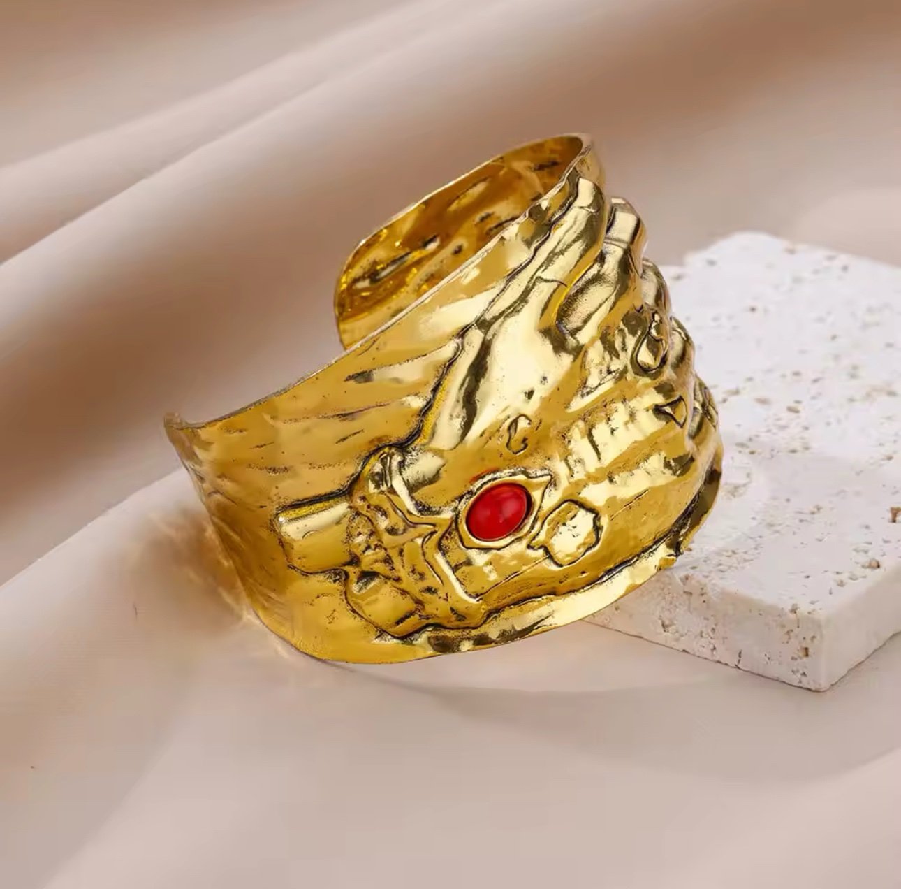 Unique Gold Plated Hand Cuff Bracelet with Red Accent Stone