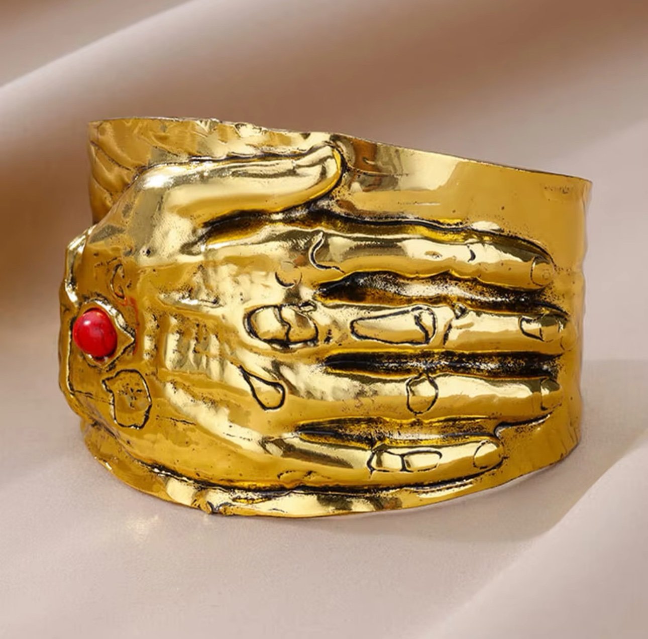 Unique Gold Plated Hand Cuff Bracelet with Red Accent Stone