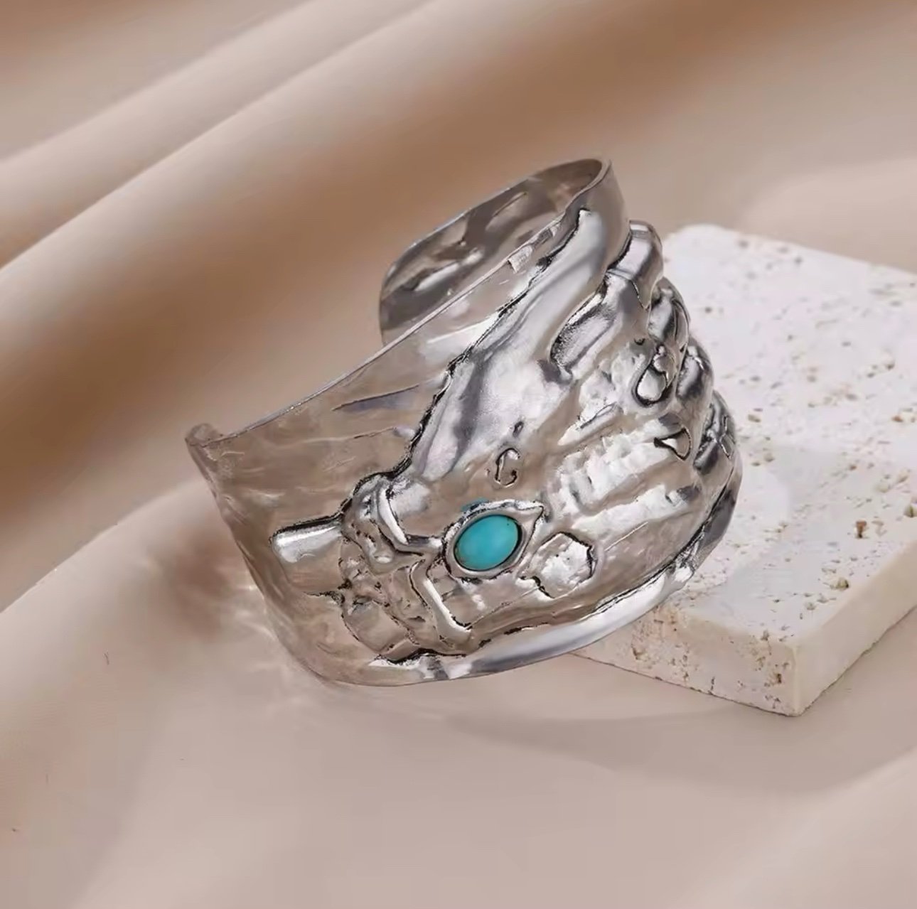 Unique Stainless Steel Hand Cuff Bracelet with Red Accent Stone