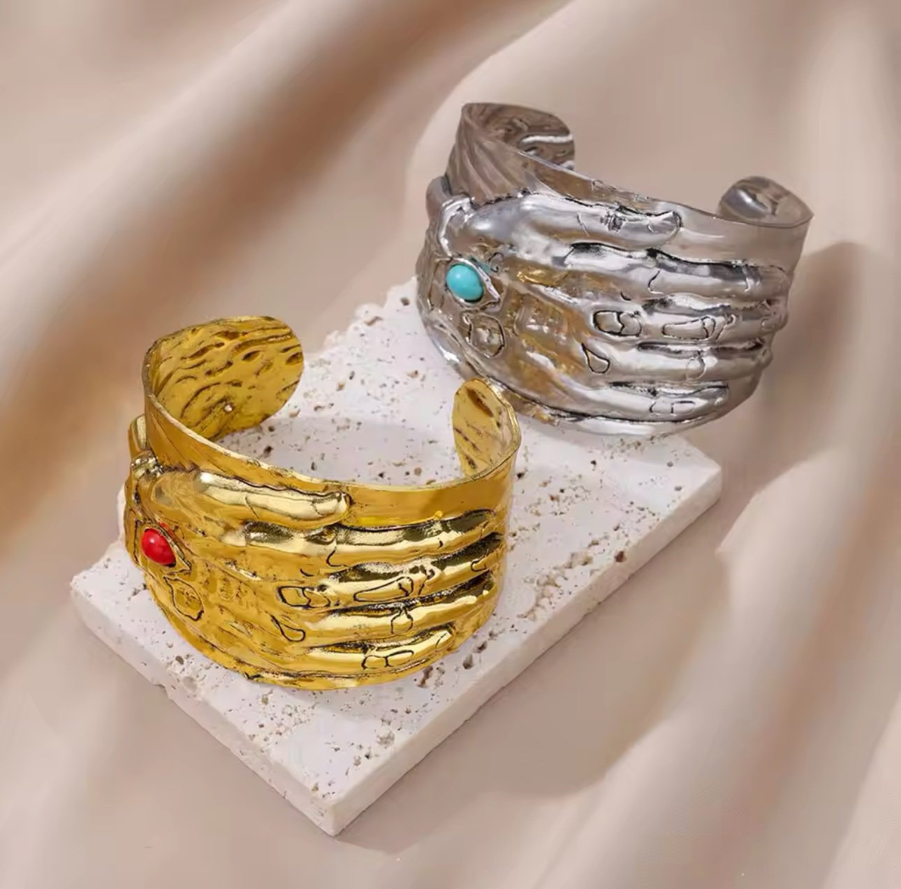 Unique Stainless Steel Hand Cuff Bracelet with Red Accent Stone