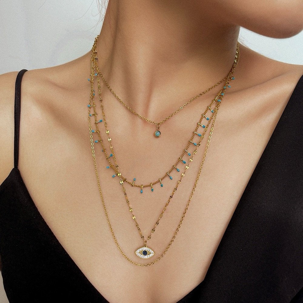 4 Layered Egyptian Evil Eye Gold Plated Necklace