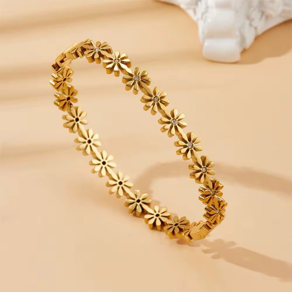 Gold Plated Daisy Flower Bangle with Cubic Zirconia