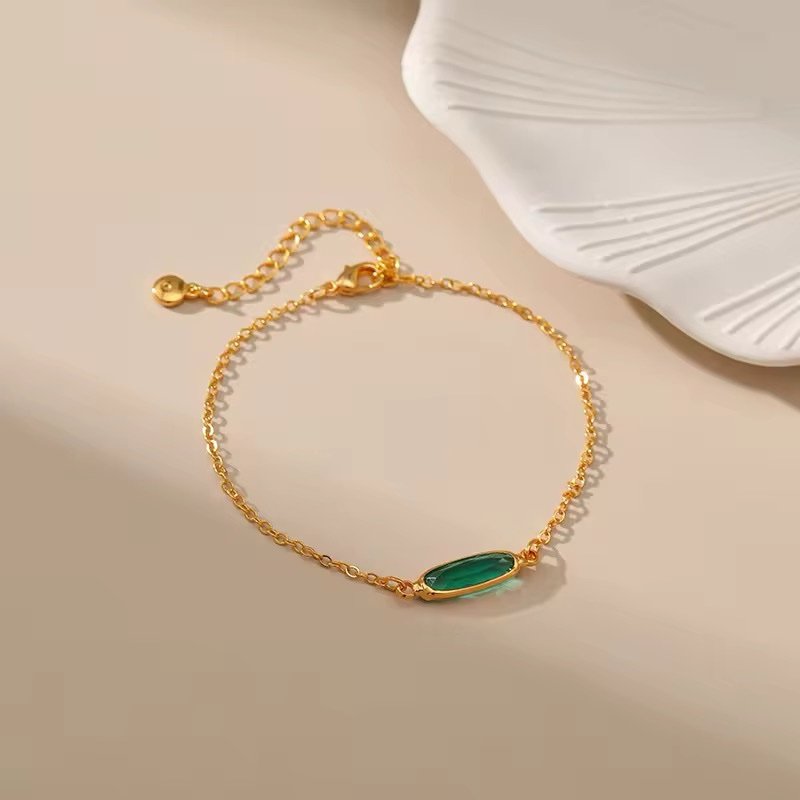 Gold Plated Chain Bracelet with Emerald Green Gemstone