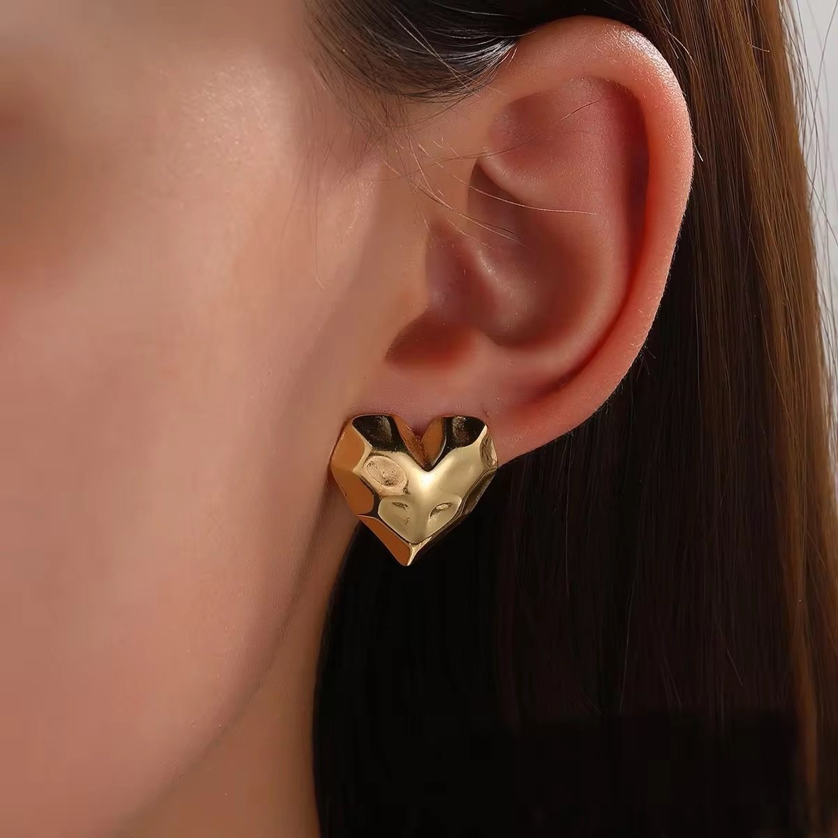 Gold-Plated Textured Heart Stud Earrings