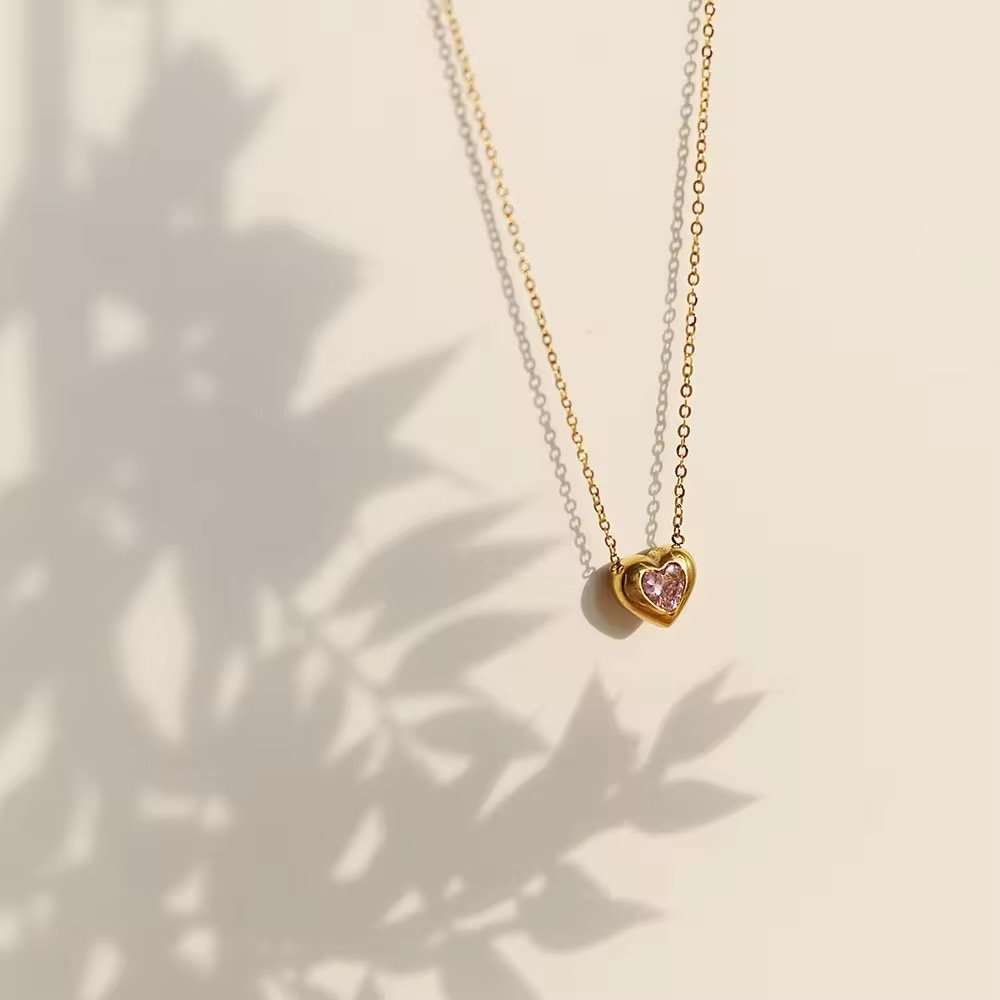 Gold-Plated Heart Pendant Necklace with Pink Stone