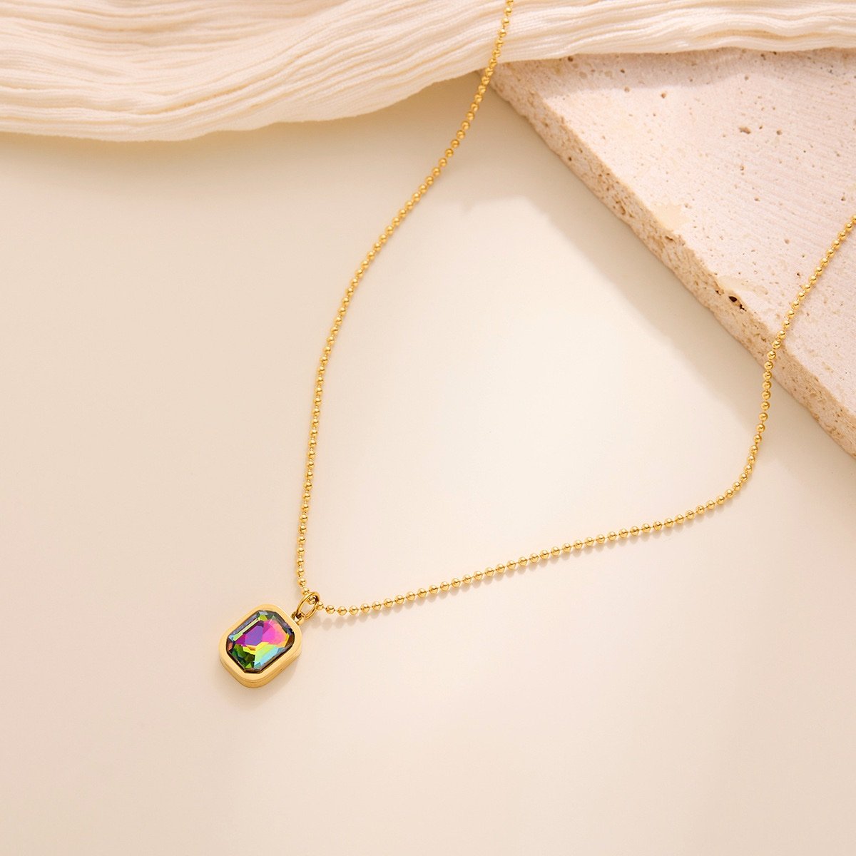 Gold-Plated Iridescent Gemstone Pendant Necklace