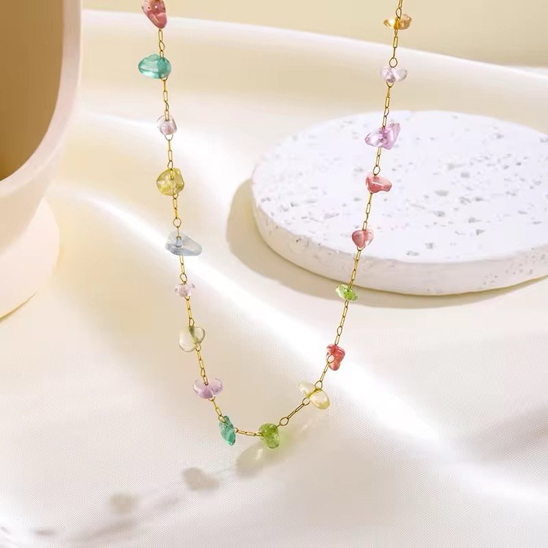 Gold-Plated Delicate Necklace with Multicolor Crystals