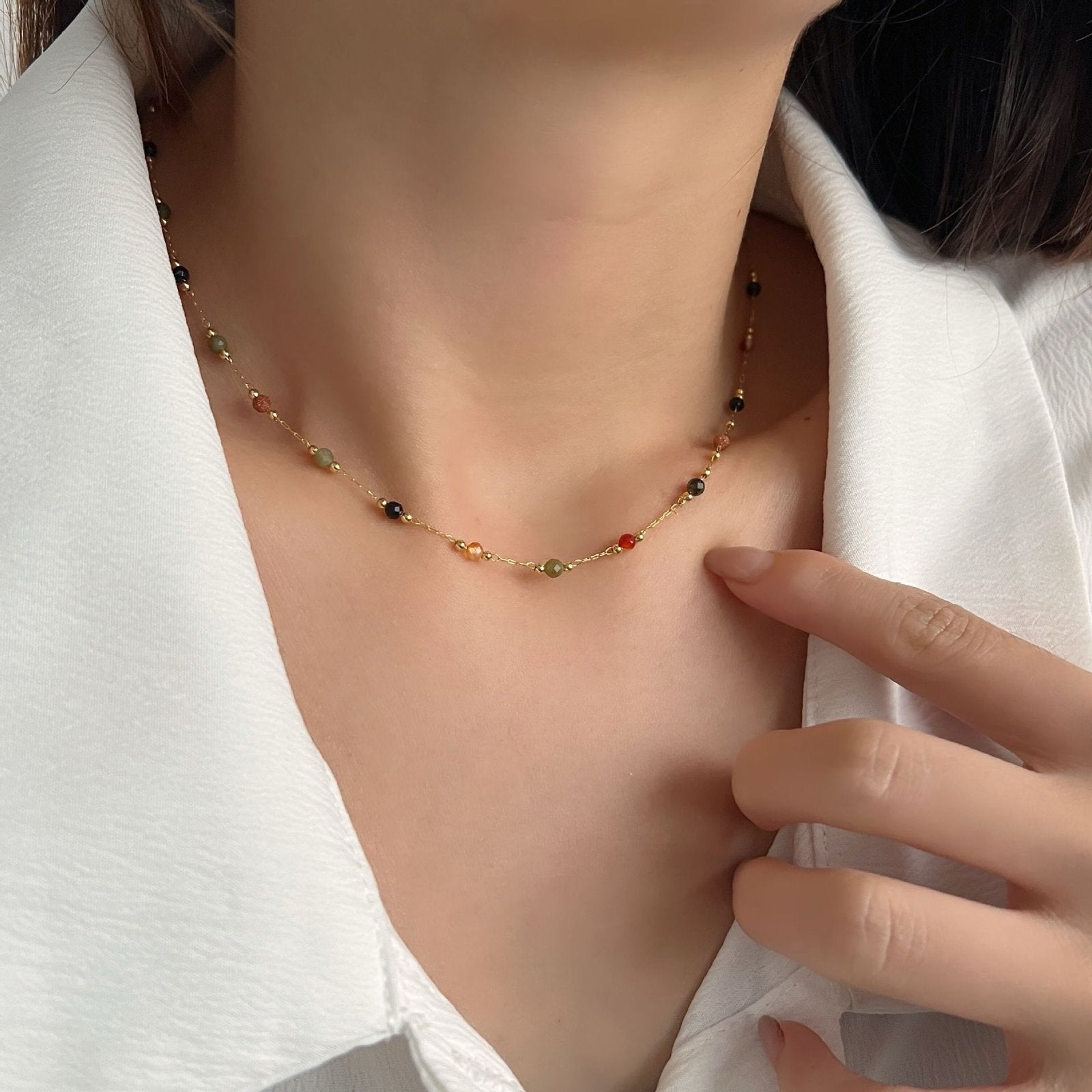 Multi Color Beads Minimal Gold Plated Necklace