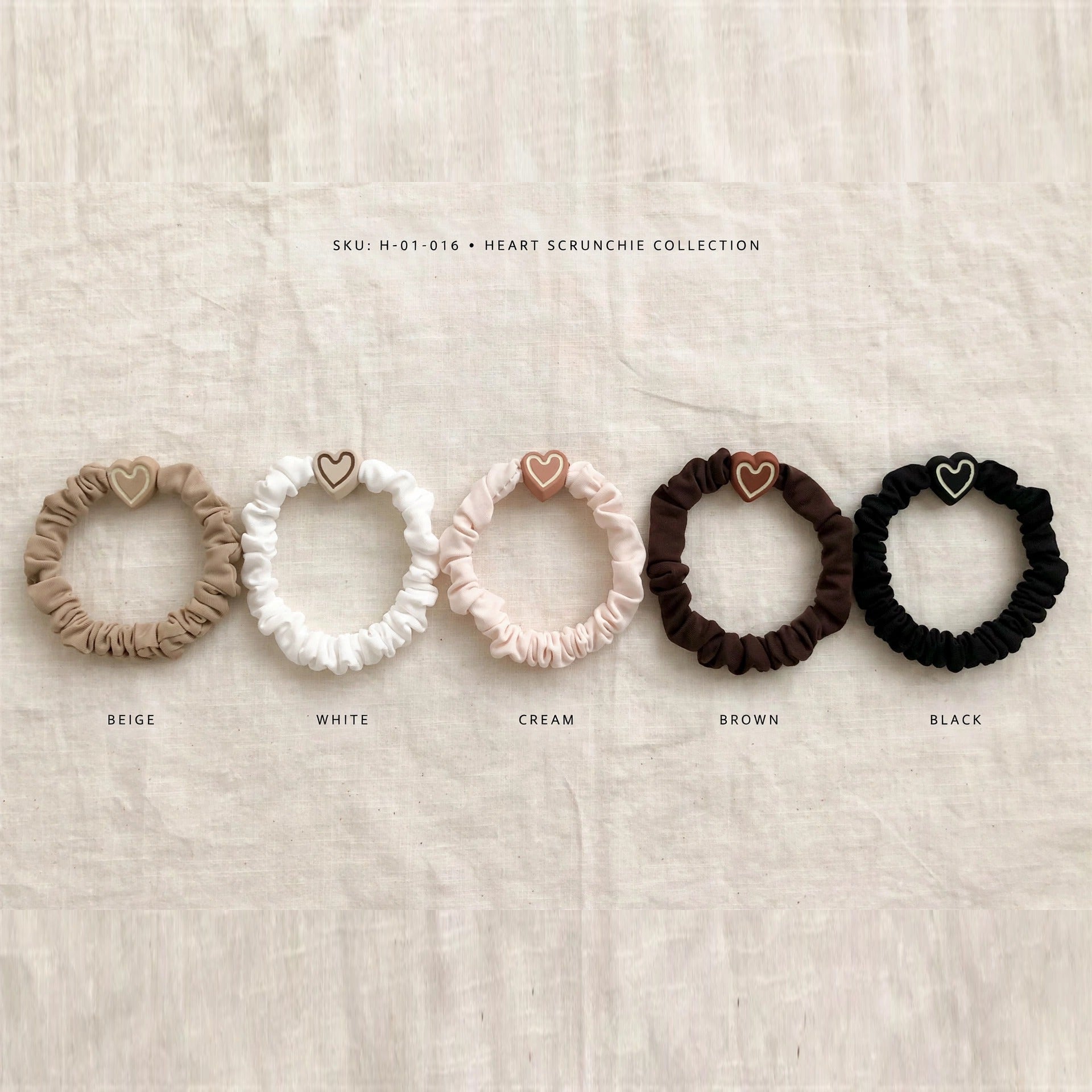 Heart charm scrunchie hair ties in all five colors - khaki, white, pink, dark coffee and black